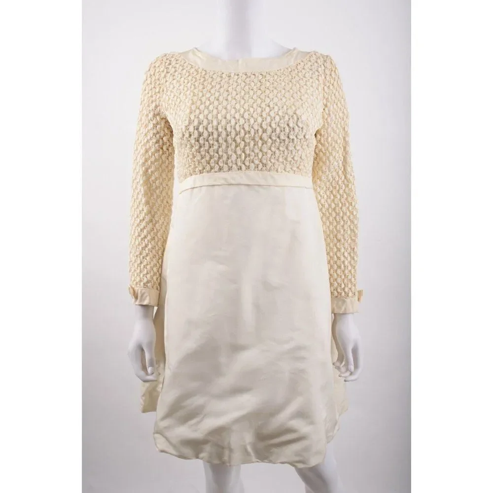 Vintage 1960s Womens Party Dress Beige ecru Popcorn Ribbon Weave Bodice XS S